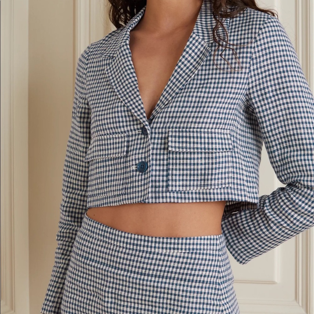 Reformation Elton Gingham Linen Cropped Blazer and Mini Skirt Set - Picture 6 of 6